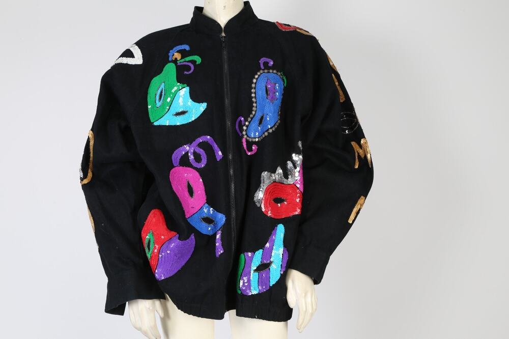 VINTAGE Modi Denim Black Sequin Masquerade Mask Art to Wear Statement Jacket XL